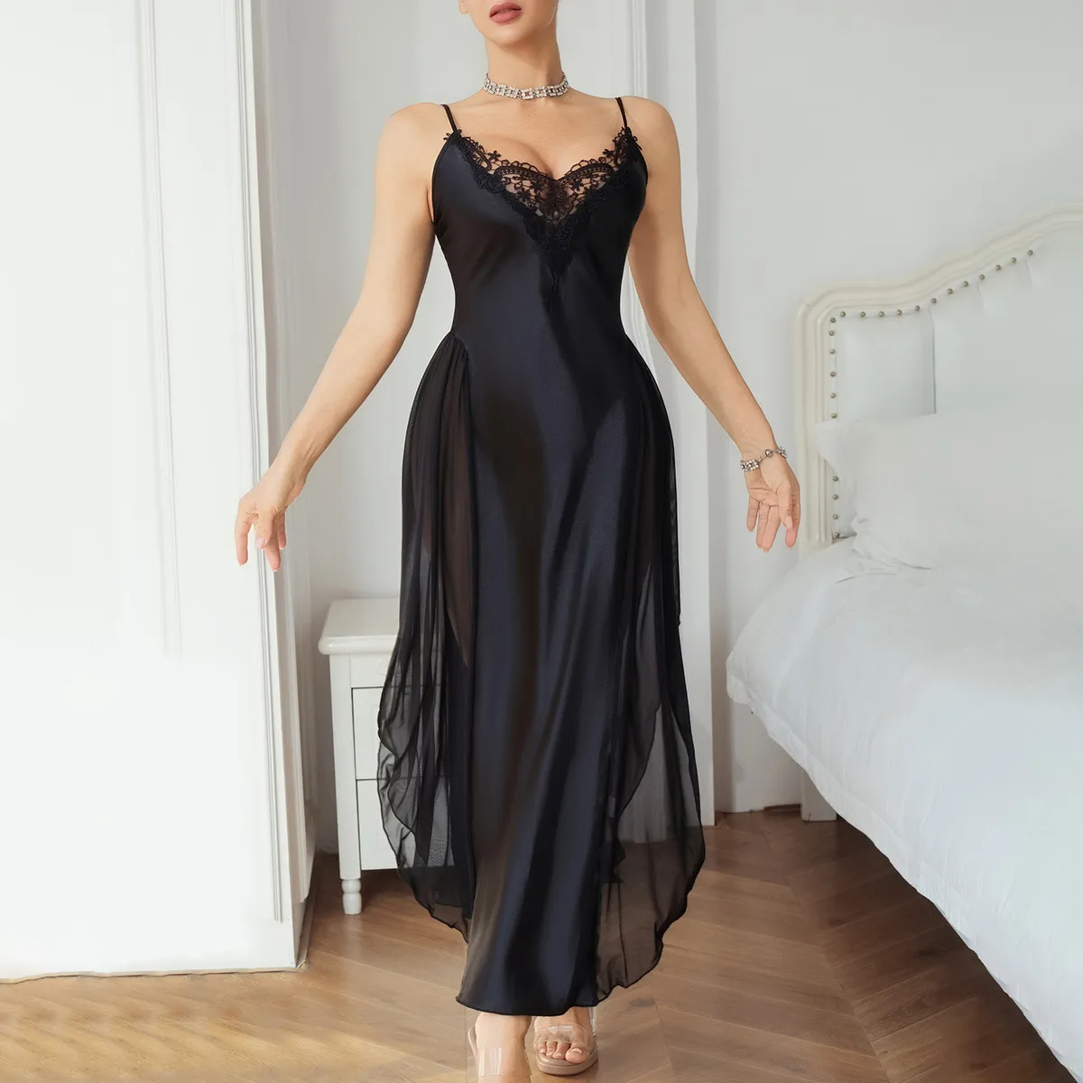 Women Fashion Sexy Solid Color Lace Stitching Spaghetti Strap Thin Pajamas