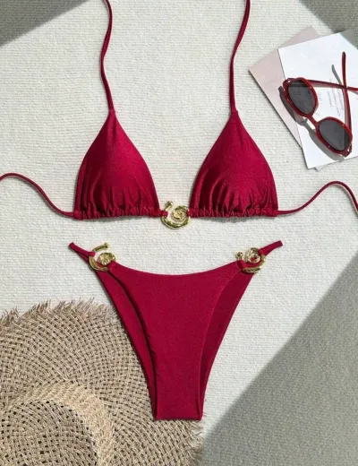 Women Fashion Sexy Solid Color Metal Buckle Halter-Neck Lace-Up Bikini Swimsuit