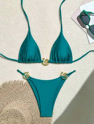 Women Fashion Sexy Solid Color Metal Buckle Halter-Neck Lace-Up Bikini Swimsuit