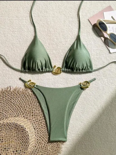 Women Fashion Sexy Solid Color Metal Buckle Halter-Neck Lace-Up Bikini Swimsuit
