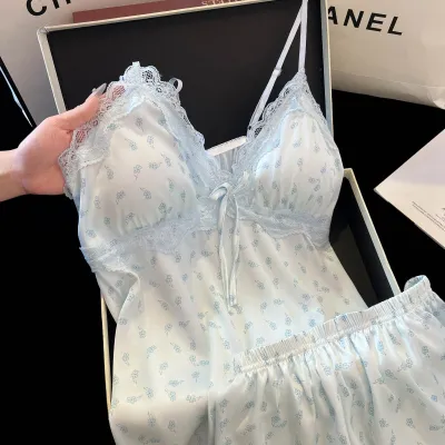 Women Fashion Sexy Summer Ice Silk Printed Lace Stitching Camisole With Chest Pad Loose Shorts Pajamas Two-Piece Set