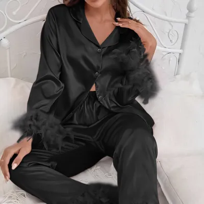 Women Fashion Casual Solid Color Satin Feather Long Sleeve Cardigan Loose Pants Pajamas Two-Piece Set