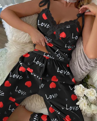 Women Fashion Casual Summer Printed Lace Stitching Camisole Loose Pants Pajamas Two-Piece Set