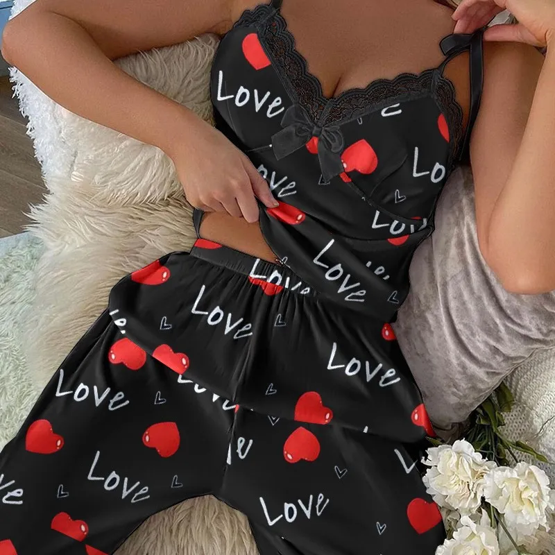 Women Fashion Casual Summer Printed Lace Stitching Camisole Loose Pants Pajamas Two-Piece Set