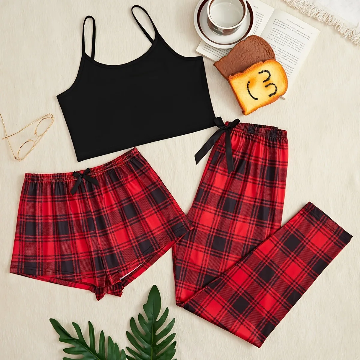 Women Fashion Casual Camisole Plaid Shorts Loose Pants Pajamas Three-Piece Set