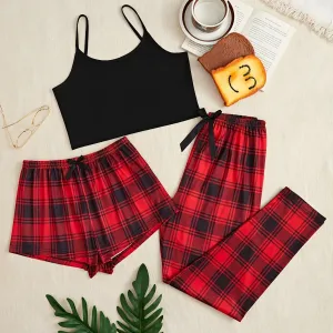Women Fashion Casual Camisole Plaid Shorts Loose Pants Pajamas Three-Piece Set