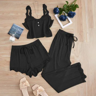 Women Fashion Sexy Solid Color Lace Camisole Shorts Slim-Fit Pants Pajamas Three-Piece Set