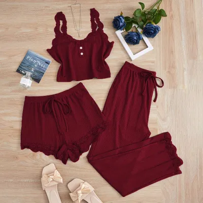 Women Fashion Sexy Solid Color Lace Camisole Shorts Slim-Fit Pants Pajamas Three-Piece Set
