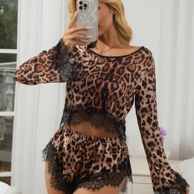 Women Fashion Sexy Leopard Lace Stitching Long-Sleeve Crop Top Loose Shorts Pajamas Two-Piece Set