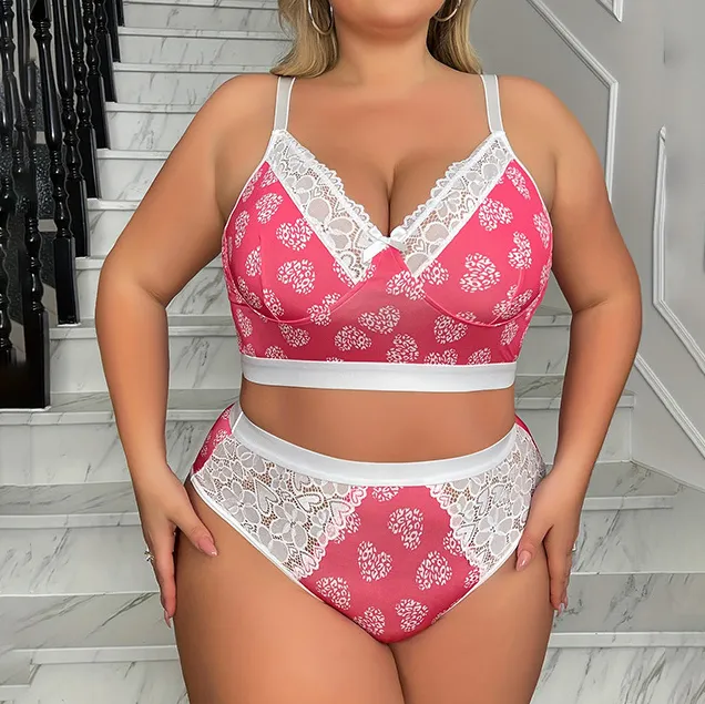 Women Fashion Sexy Plus Size Flower Lace Stitching Bra Underwear Set
