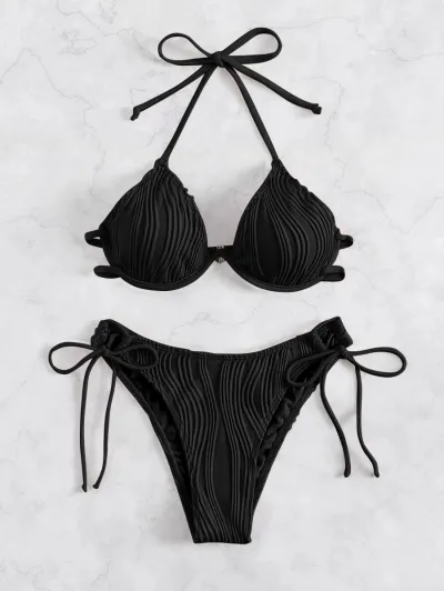 Women Fashion Sexy Solid Color Stripe Halter-Neck Lace-Up Bikini Swimsuit