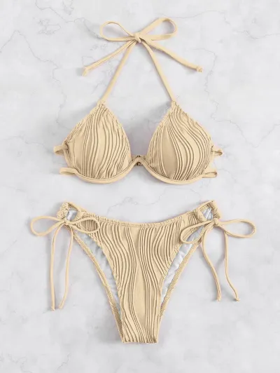 Women Fashion Sexy Solid Color Stripe Halter-Neck Lace-Up Bikini Swimsuit