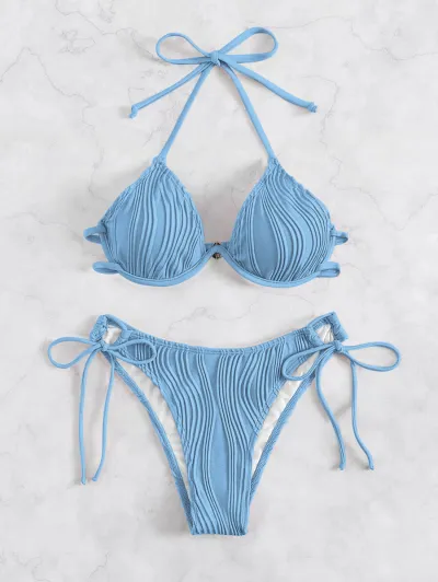 Women Fashion Sexy Solid Color Stripe Halter-Neck Lace-Up Bikini Swimsuit