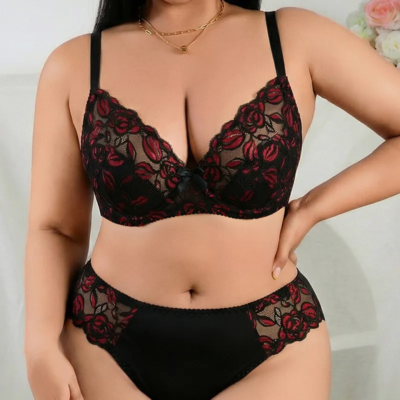 Women Fashion Sexy Plus Size Red Black Rose Lace High Elastic Breathable Mesh Bra Underwear Set