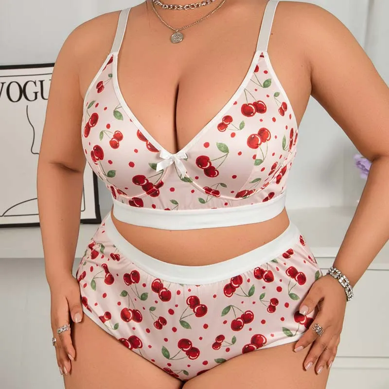 Women Fashion Sexy Plus Size Cherry Printed Thin Bra Underwear Set