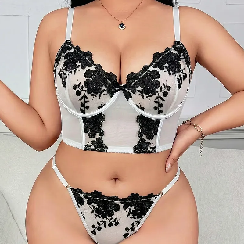 Women Fashion Sexy Plus Size Black White Flocking Flower Breathable Mesh Stitching Bra Underwear Set
