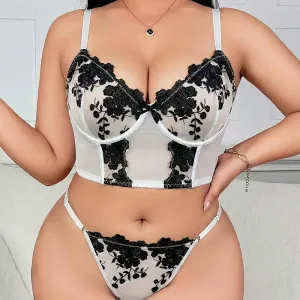 Women Fashion Sexy Plus Size Black White Flocking Flower Breathable Mesh Stitching Bra Underwear Set