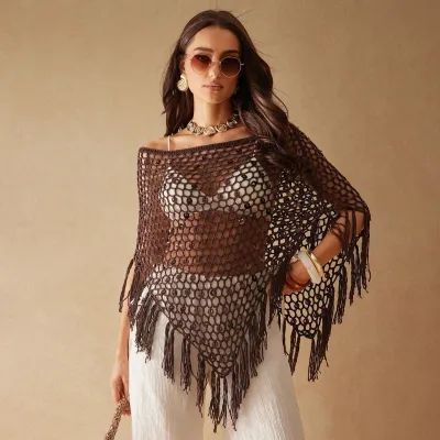 Women Fashion Solid Color Handmade Sequin Woven Hollow Tassel Swimsuit Cover-Ups