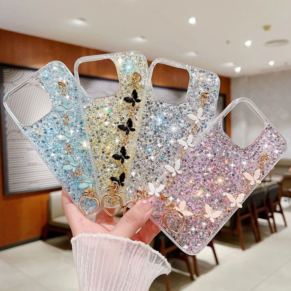 Samsung Sequins Butterfly Chain Silicone Phone Case
