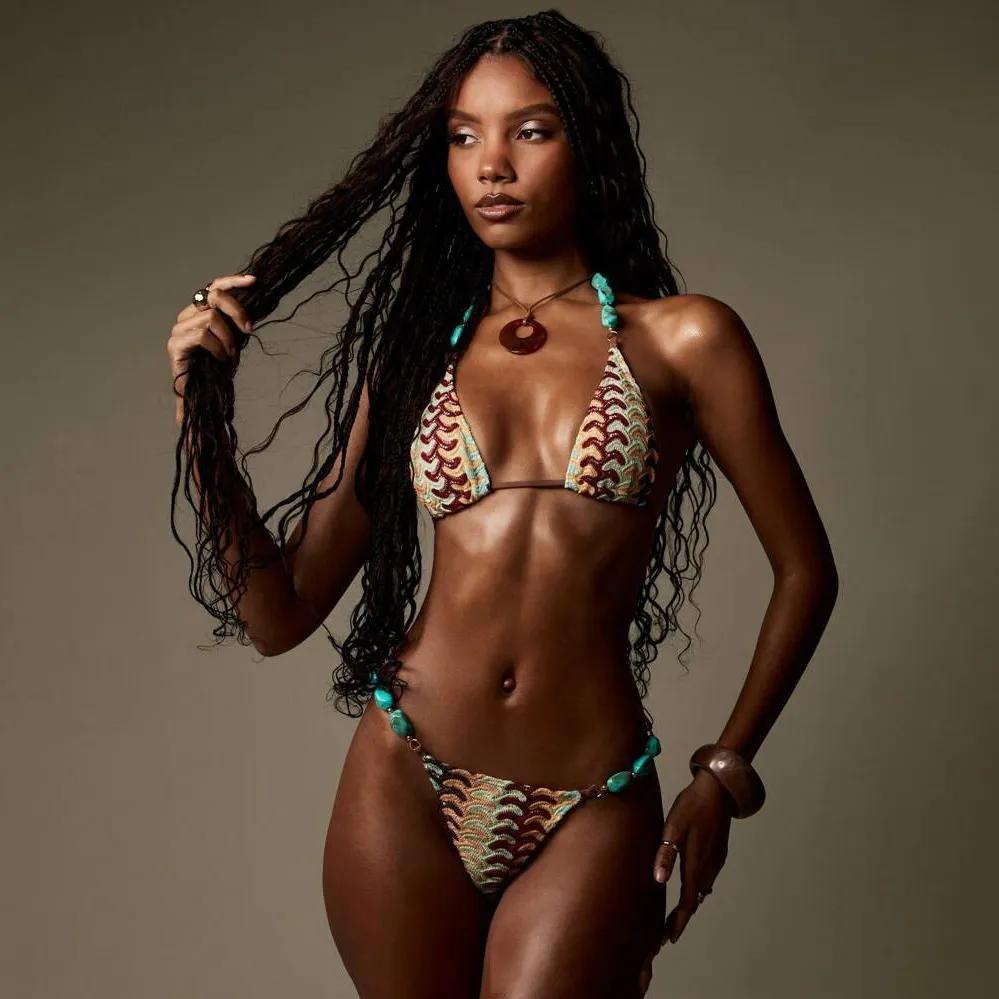 Women Fashion Sexy Knitted Color Strip Wave Deep V Strap Stone Bikini Swimsuit
