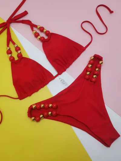 Women Fashion Sexy Solid Color Big Bead Halter-Neck Lace-Up Bikini Swimsuit