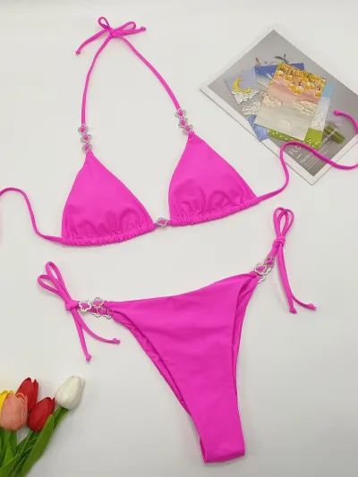 Women Fashion Sexy Solid Color Rhinestone Halter-Neck Lace-Up Bikini Swimsuit