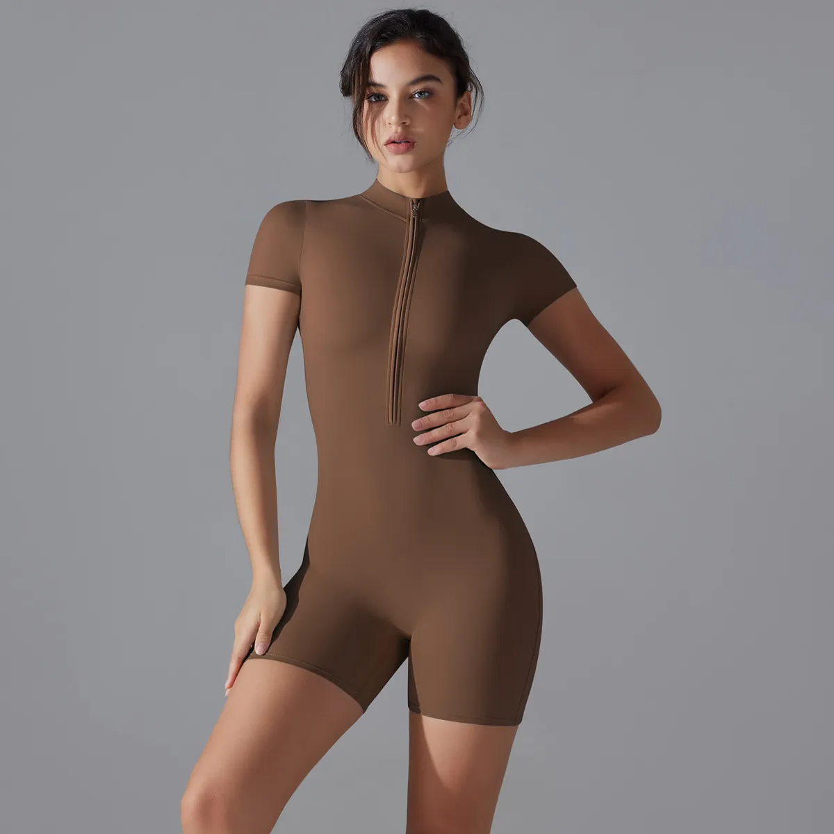 Summer Women Simple Solid Color Half Zip Tight Short Sleeve Sports Yoga Rompers