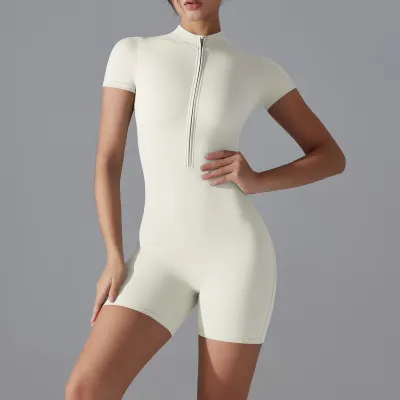 Summer Women Simple Solid Color Half Zip Tight Short Sleeve Sports Yoga Rompers