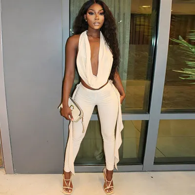 Women Sexy Solid Color Neck Sleeveless Backless Cowl Neck Top And Pants Two-Piece Set