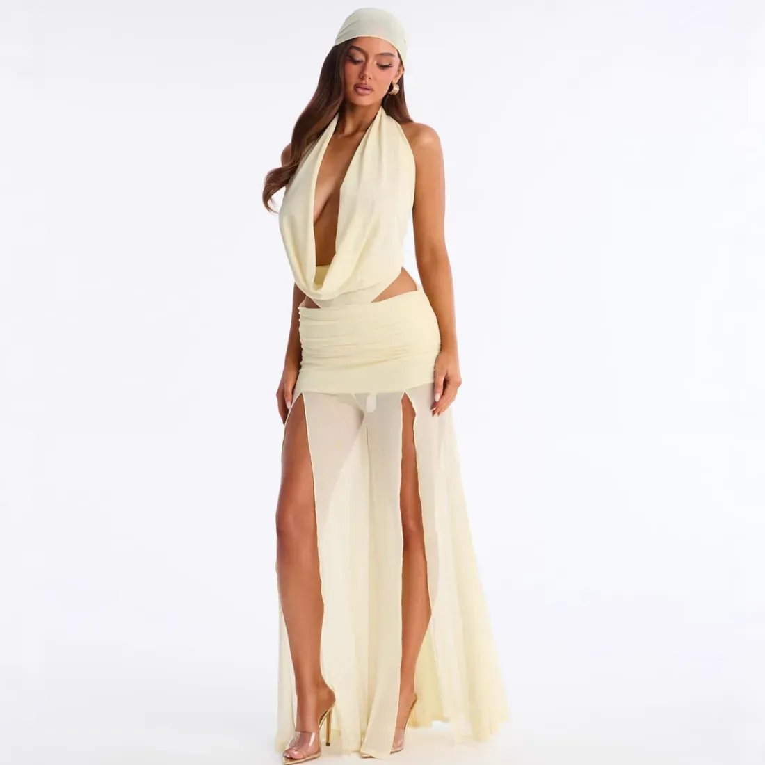 Women Summer Fashion Solid Color Mesh Sleeveless Neck Cowl Neck Top And Wide Leg Split Pants Two-Piece Set