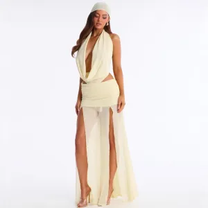 Women Summer Fashion Solid Color Mesh Sleeveless Neck Cowl Neck Top And Wide Leg Split Pants Two-Piece Set