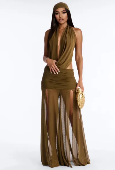 Women Summer Fashion Solid Color Mesh Sleeveless Neck Cowl Neck Top And Wide Leg Split Pants Two-Piece Set