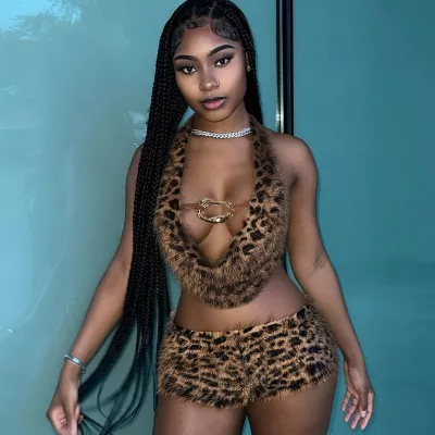 Women Sexy Animal Leopard Print Halter Cowl Neck Top And Shorts Sexy Two-Piece Set