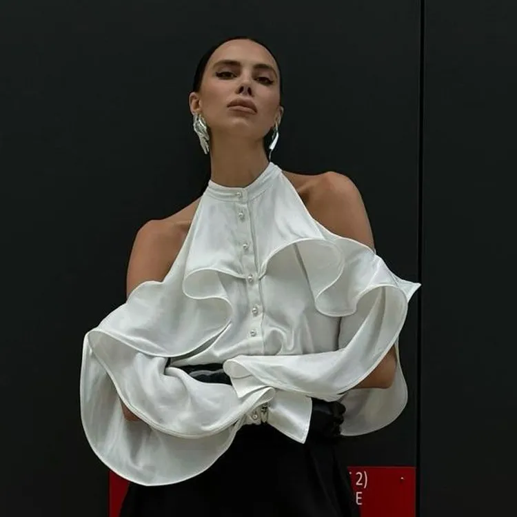 Women Fashion Solid Color Shoulder Ruffle Shirt