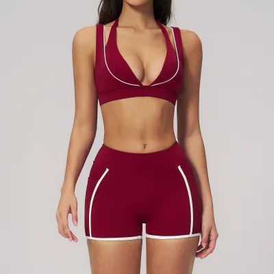 Women Fashion Casual Contrast Color Halter-Neck Bra Tight Shorts Yoga Sports Two-Piece Set