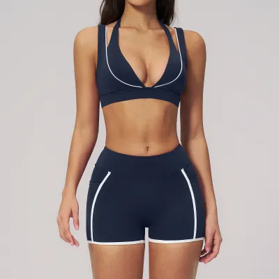 Women Fashion Casual Contrast Color Halter-Neck Bra Tight Shorts Yoga Sports Two-Piece Set