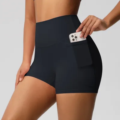 Women Fashion Casual Solid Color Sanding Pocket High Waist Tight Yoga Sports Shorts