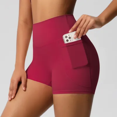Women Fashion Casual Solid Color Sanding Pocket High Waist Tight Yoga Sports Shorts