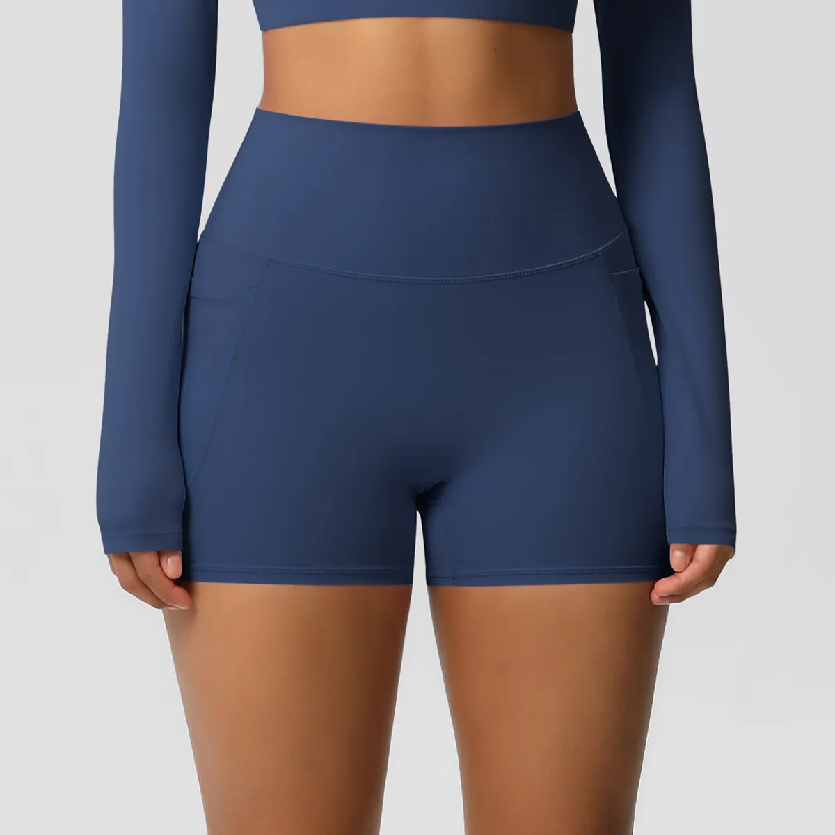 Women Fashion Casual Solid Color Sanding Pocket High Waist Tight Yoga Sports Shorts