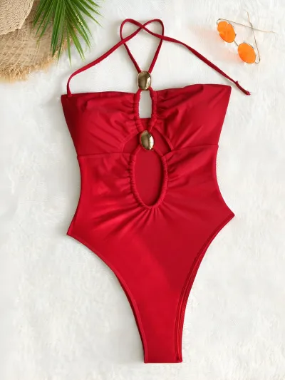 Women Fashion Sexy Solid Color Metal Buckle Halter-Neck One-Piece Swimsuit