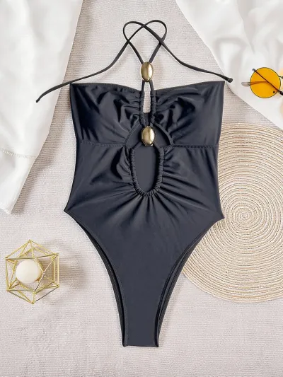 Women Fashion Sexy Solid Color Metal Buckle Halter-Neck One-Piece Swimsuit