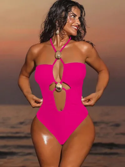 Women Fashion Sexy Solid Color Metal Buckle Halter-Neck One-Piece Swimsuit