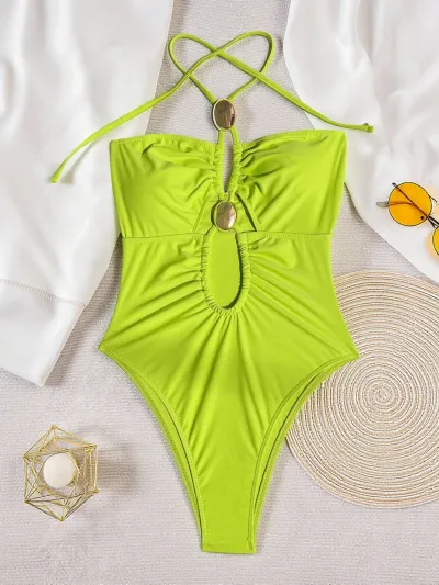 Women Fashion Sexy Solid Color Metal Buckle Halter-Neck One-Piece Swimsuit