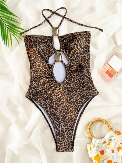 Women Fashion Sexy Solid Color Metal Buckle Halter-Neck One-Piece Swimsuit
