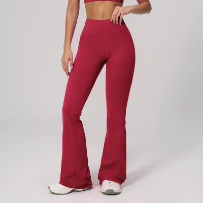 Women Fashion Casual Solid Color High Waist Flare Sports Pants