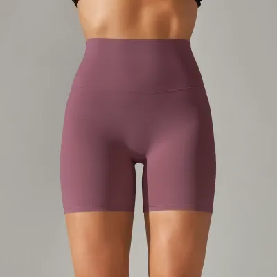 Women Fashion Solid Color Double-Sided Scrub Tight High Waist Stretch Yoga Sports Shorts