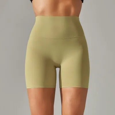 Women Fashion Solid Color Double-Sided Scrub Tight High Waist Stretch Yoga Sports Shorts