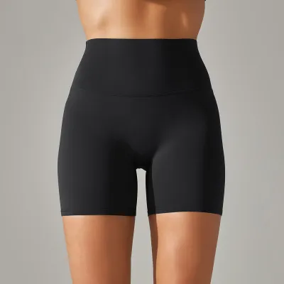 Women Fashion Solid Color Double-Sided Scrub Tight High Waist Stretch Yoga Sports Shorts