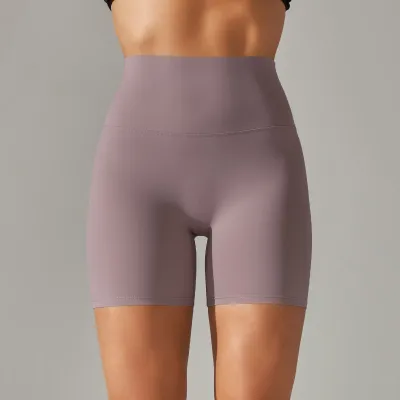 Women Fashion Solid Color Double-Sided Scrub Tight High Waist Stretch Yoga Sports Shorts