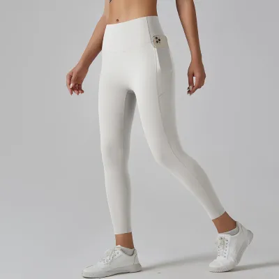 Women Fashion Solid Color High Waist Traceless Quick-Drying Tight Pocket Sports Yoga Leggings